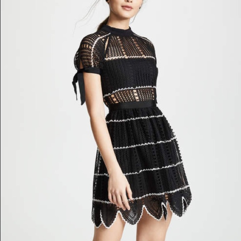 Self-Portrait Lace Scallop Black Mini Dress Ribbon